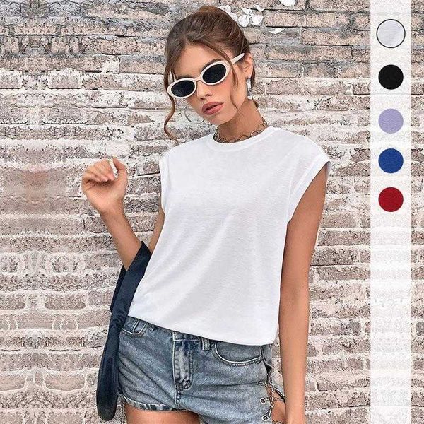 

tong summer vest t shirts round neck solid color right angle shoulder shirt, White