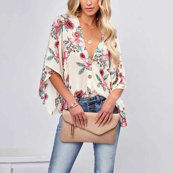 

summer printed cardigan batwing sleeve casual loose shirt female, White