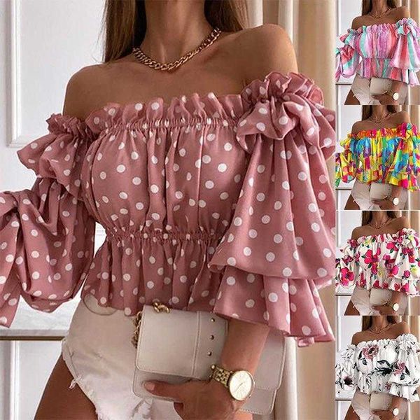 

summer womens fashion printed blouses off shoulder ruffle sleeve shirt, White
