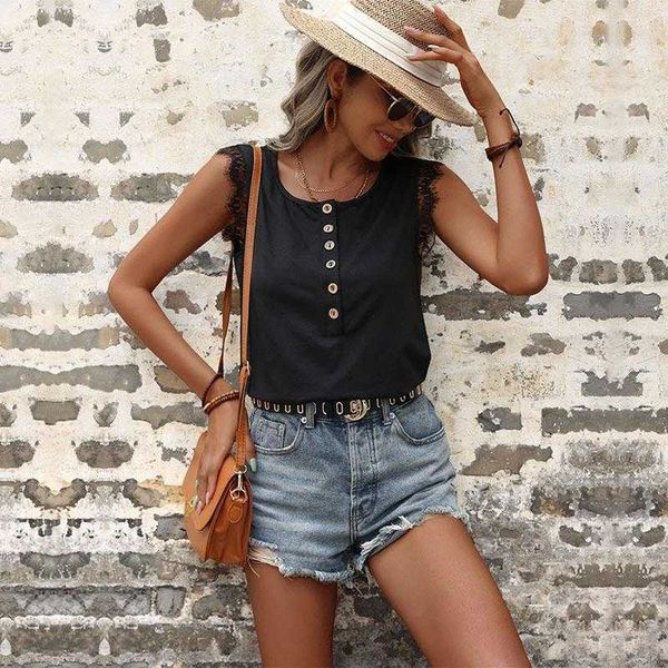 

summer solid color tanks casual lace stitching loose black vest for women, White