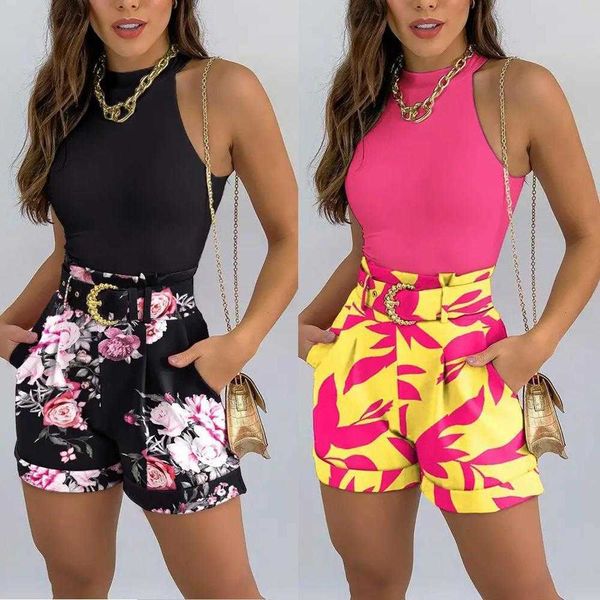 

summer pattern print pant sleeveless vest casual shorts suit female, White