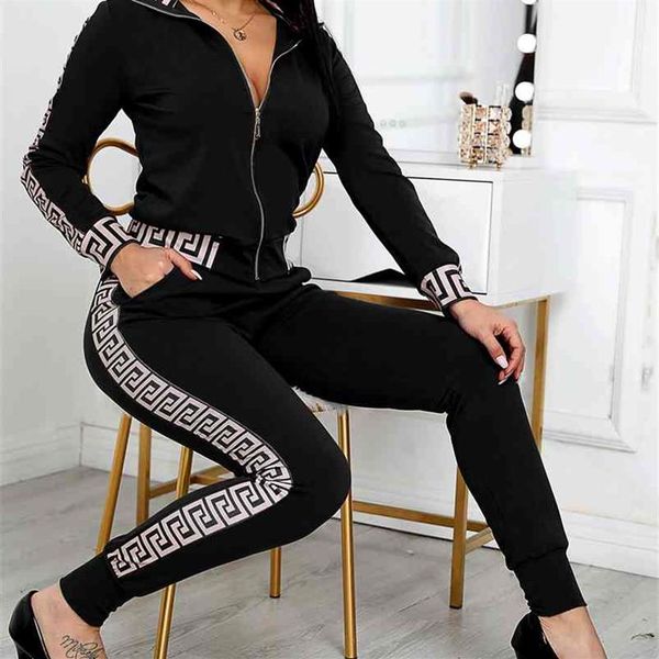 

women elegant fashion two -pieces suit sets female stylish plus size greek fret print coat & pant sets 210722239z, White