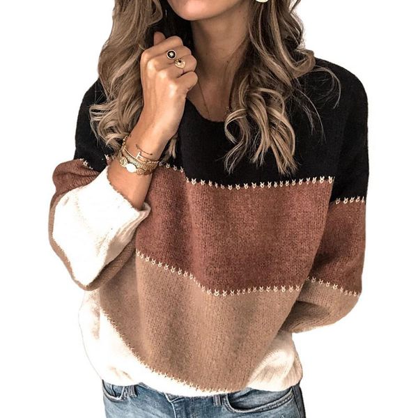 

crew neck pullover women's sweaters casual short lady colorful striped pattern knits blouse with loose lantern long sleeves fall winte, White;black