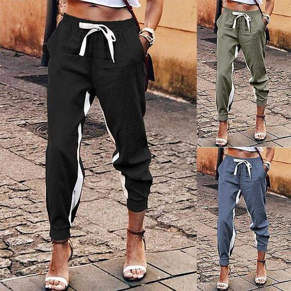 

womens solid color pant stitching elastic lace ankle banded slacks, Black;white