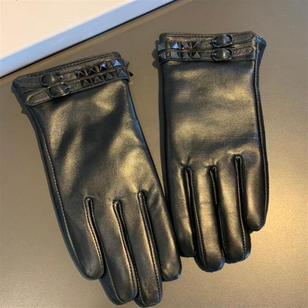 

luxury sheepskin leather gloves for women with box designer rivet belt genuine leathers glove fleece inside ladies touch s249r, Blue;gray