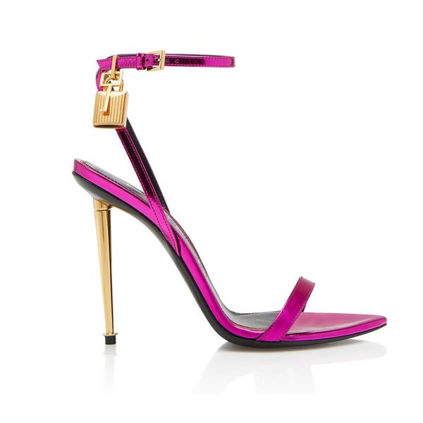 

stiletto heel sandals womens shoe fashion designer satin gold padlock dress shoes genuine leather narrow band high heeled women sandal 35-42, Black