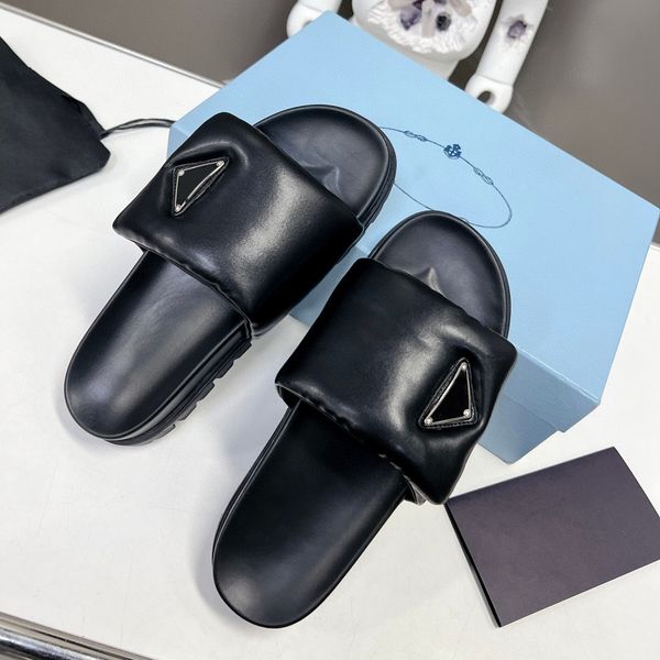 

611s slippers soft padded nappa leather slippers slides summer sandals slip on triangle flats shoes women's luxury designer factory foo, Black