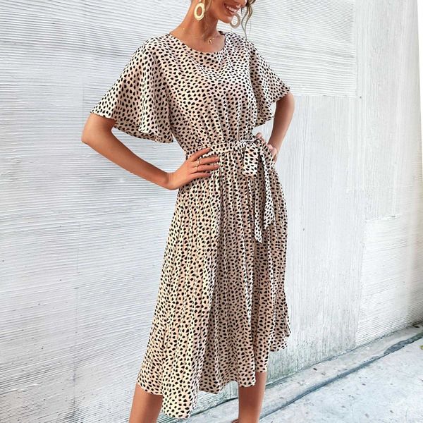 

womens summer ruffle sleeve leopard print printed dress lace up pleated, Black;gray