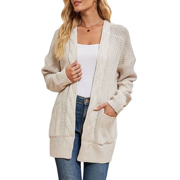 

acrylic single breasted long cardigan women's sweaters v-neck solid color mid-length twist gentiana stitch twist knitted coat with pock, White;black