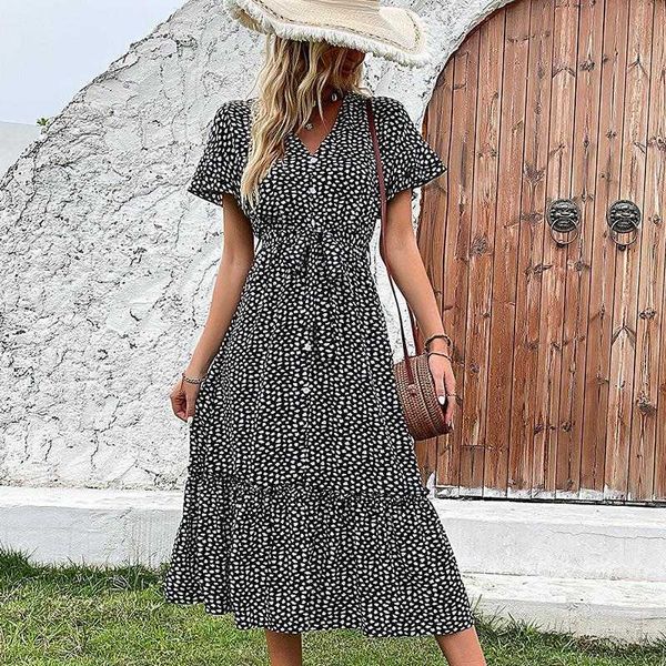 

summer elegant womens clothing dress split ruffled leopard print, Black;gray