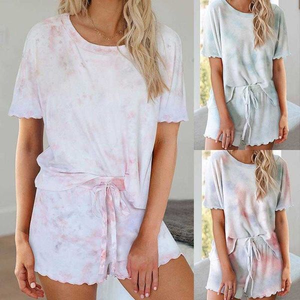 

womens printed pant short sleeve two piece pajamas hook and eye tie dye, White