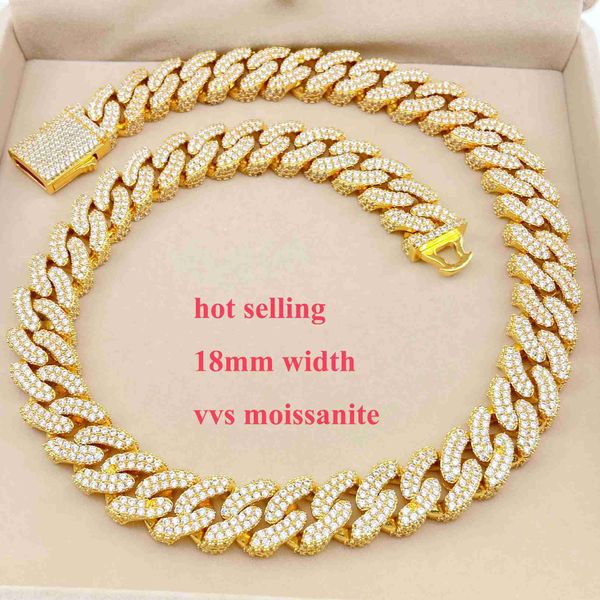 

18mm cuban chain gold plated necklace 925 sterling silver hip hop iced out moissanite diamond cuban link chain