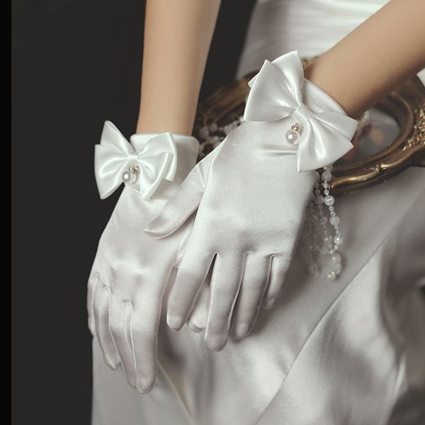 

five fingers gloves wg016 delicate wedding bridal short wrist satin bow with pearl finger white brides bridesmaid 230225, Blue;gray