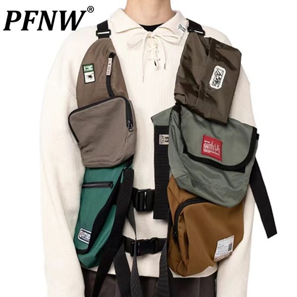 

men s vests pfnw spring autumn casual asymmetric patchwork vest covered button contrast fashion pocket high street loose 28a0093 230225, Black;white