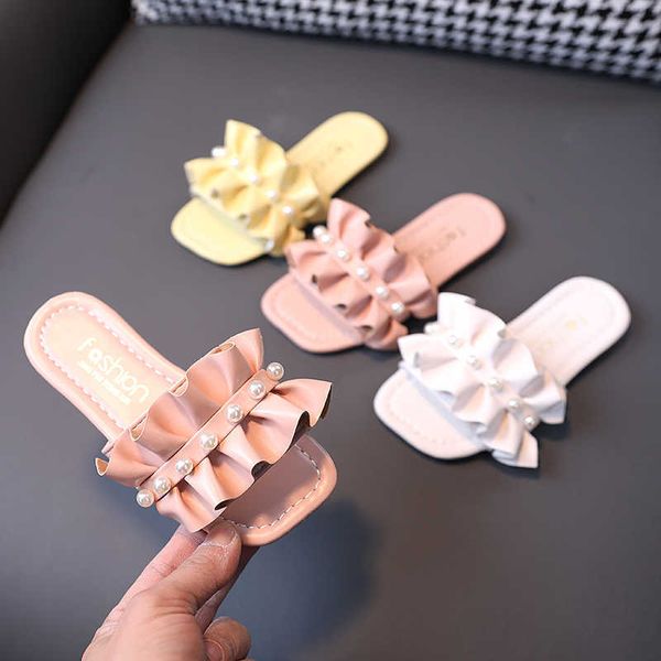 

sandals girls summer sandals slippers children beach slides ruffles pleated with pearls beading princess sweet kids slippers antiskid z0225, Black;red