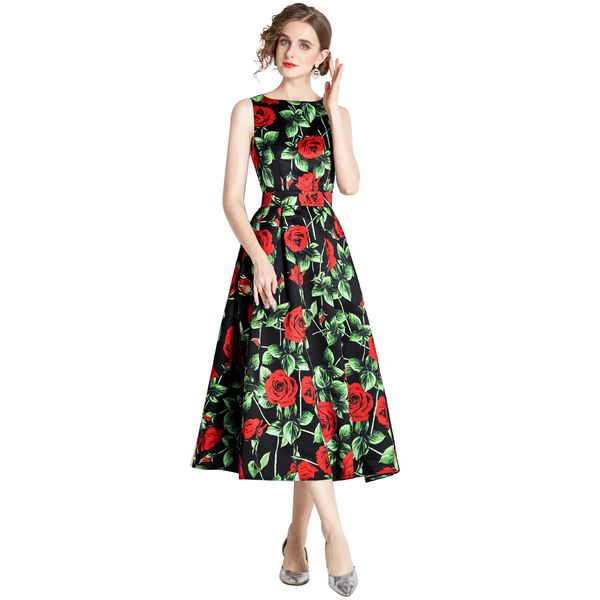 

2023 rose pattern party summer midi dress women designer round neck cocktail prom vest dresses ladies print cafe slim a-line frocks sweet cu, Black;gray