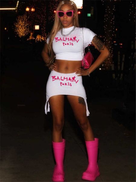 

women's tracksuits fashion summer new letter print round neck exposed navel short sleeve skirt two-piece set, Gray