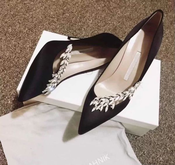 

sandals shoes embellishment stiletto high heels elegant bridals wedding nadira satin women pointed toe crystal leaf lady excellent, Black
