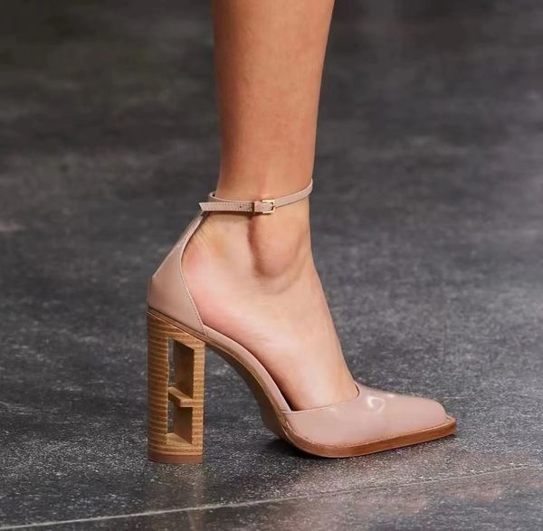 

new dress shoes high heeled pearlescent cowhide banquet shoe luxury designer hollowed out thin heel ankle sandals fashionable factory shoes, Black