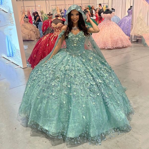 

light green quinceanera sweet 16 dresses lace applique 3d flower off shoulder lace-up prom party ball gowns, Blue;red