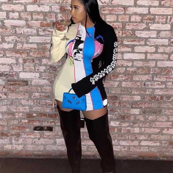 

designer casual women dresses letter print round neck patchwork color contrast skirts trend club night party, Black;gray