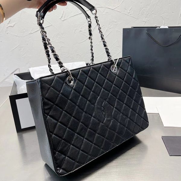 

channel bag gst women's pre-loved grand shopping tote caviar  handle handbag chain shoulder tote travel turn-lock diamond-quilt