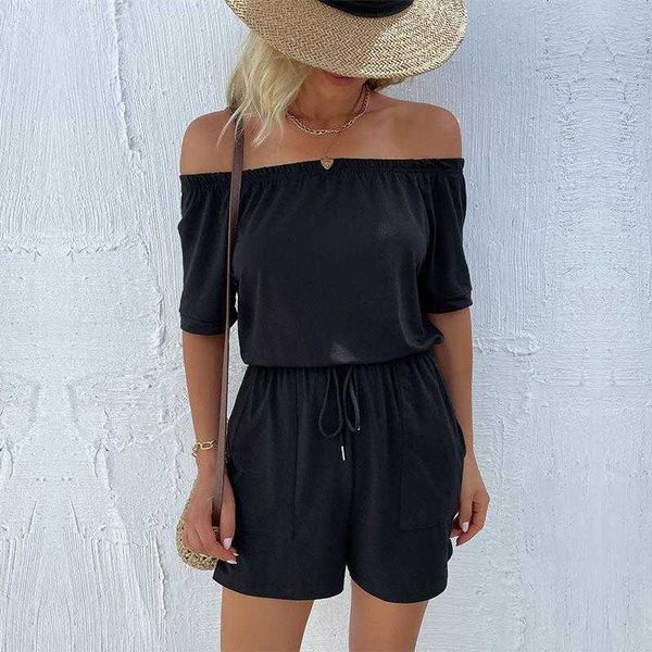 

womens summer jumpsuit one piece shorts loose off the shoulder, Black;white