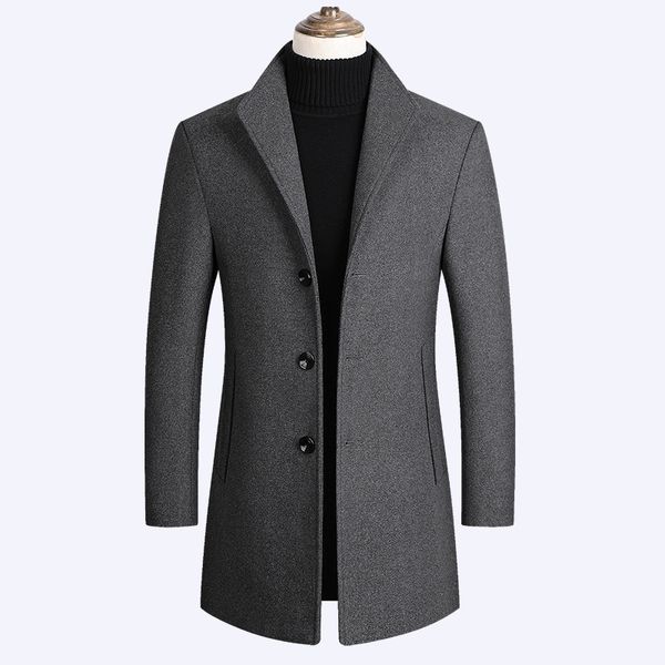 

men's wool blends autumn and winter coat casual midlength windbreaker jacket male solid color single breasted long sleeve trench 230225, Black