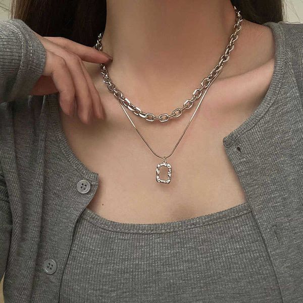 

ins cool style titanium steel double layer necklace women's fashion hip hop light luxury niche sweater chain accessories, Silver