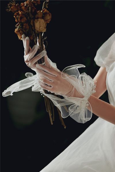 

five fingers gloves white short pearls bridal wristband wedding glove for women girl party evening dress jewelry bride accessories 230225, Blue;gray