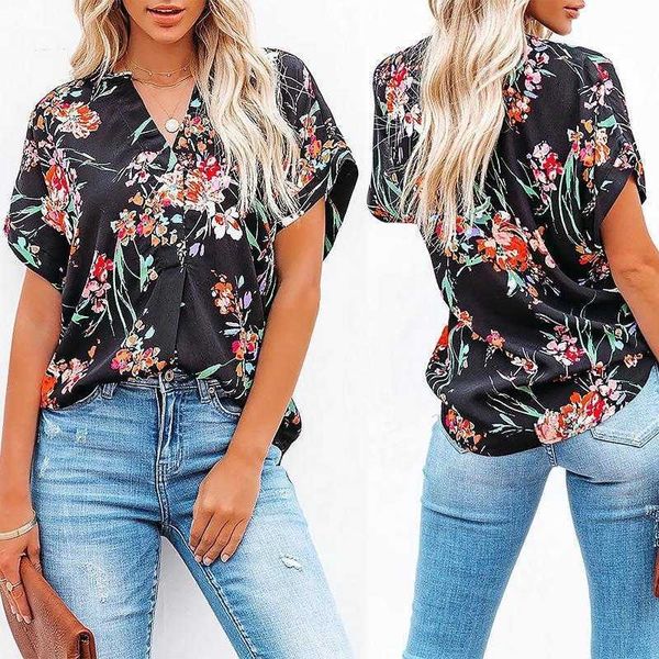 

womens summer print short sleeve t shirt floral v neck loose casual, White