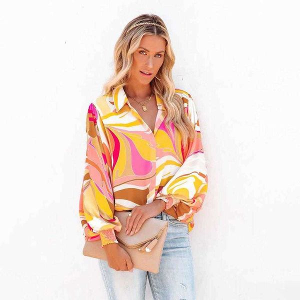 

autumn printed shirt lantern sleeve lapel cardigan single breasted casual, White