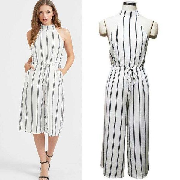 

summer womens jumpsuit halter exposed back elastic waist with pocket, Black;white