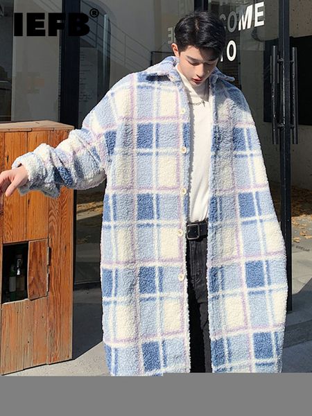 

men's wool blends iefb plaid lamb men long coat windbreaker casual versatile lapel cotton clothes korean trendy 2023 male jacket 9a5638, Black