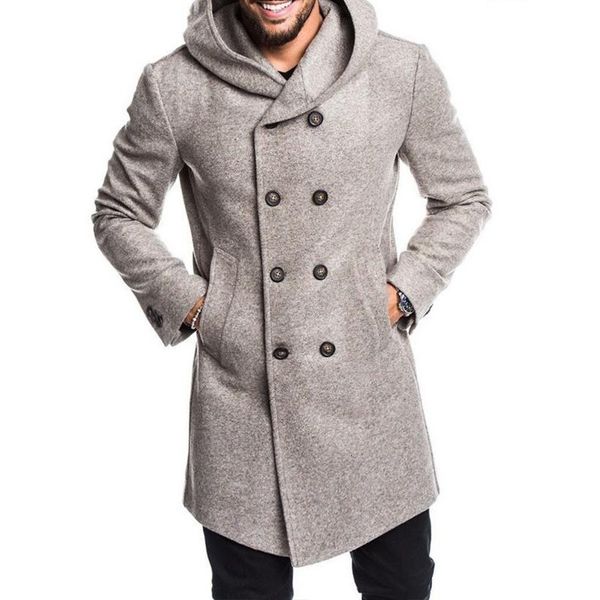 

men's wool blends mens fashion hooded woolen coat autumn double breasted solid color male winter jacket ropa de hombre 230225, Black