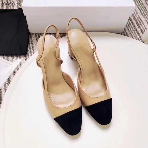 

design fund shoes small fragrant wind baotou sandals 2023 new summer middle heel leather back space french high women's thick heels, Black