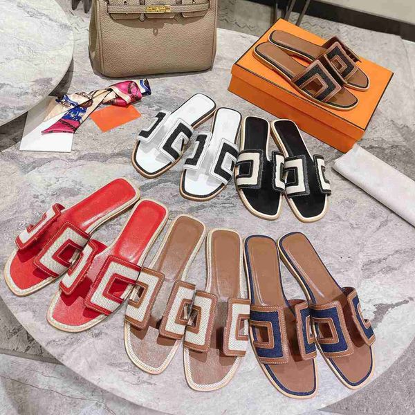 

2023 sandales fashion sandals famous genuine leather womens slippers summer luxury flat slides ladies beach party slipper, Black