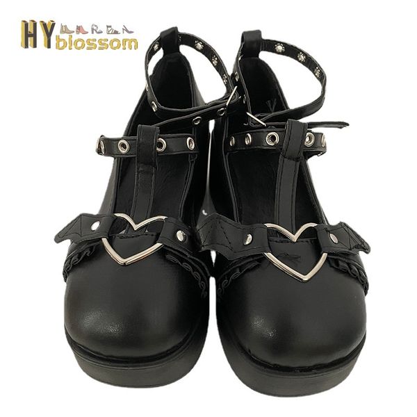 

dress shoes sweet heart buckle wedges mary janes women pink t-strap chunky platform lolita shoes woman punk gothic cosplay shoes 43 230225, Black