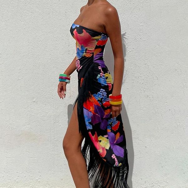 

party dresses black strapless wrap floral print ladies dress, White;black