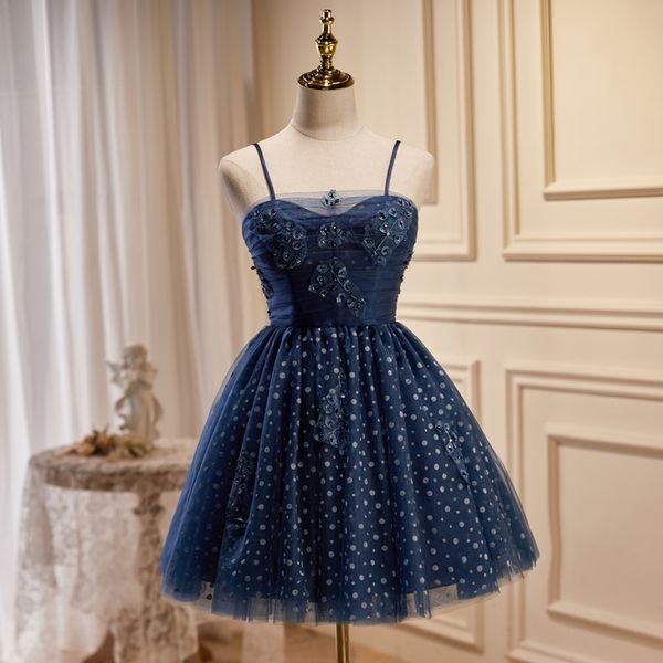 

navy blue prom dress short homecoming dresses spaghetti layers tulle with applique beads party gowns, Black