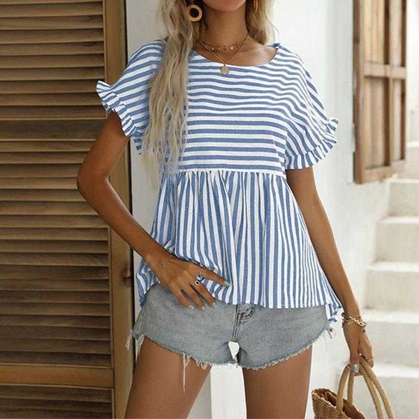 

summer womens shirt loose short sleeve pullover round neck striped, White