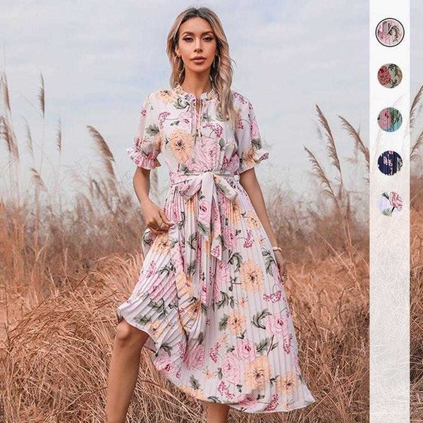 

printed lightly mature temperament long dress ruffled design mori, Black;gray