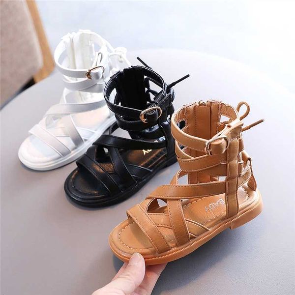 

sandals girls gladiator sandals 2022 summer roma high boots peep toe narrow band kids shoes children crosstied sandalias botas z0225, Black;red