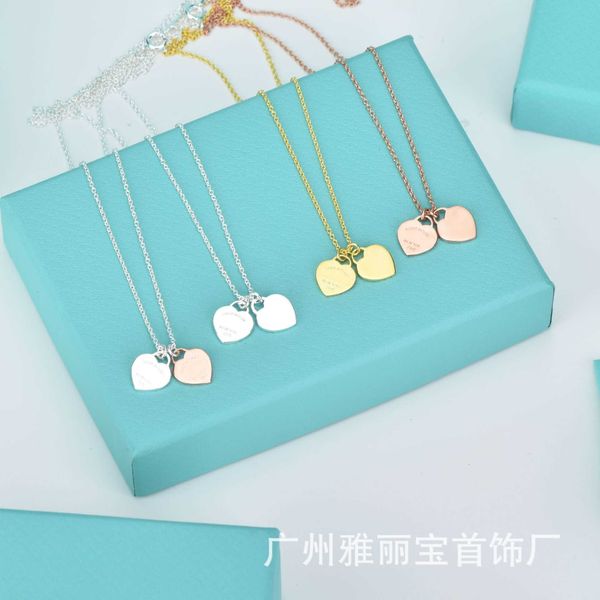 

high-quality love double heart tiffay necklace women's seiko steel print shaped pendant plating 18k real gold bone chain, Golden;silver