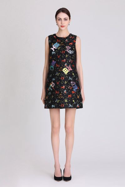 

casual dress dress original designer fashion 12 constellations print handmade beaded spring/summer short sleeve loose round neck dress monoc, Black;gray