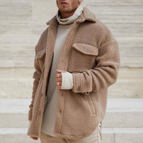 

men's wool blends arrivals jackets men winter fashion solid fleece coats mens casual turndown collar button outerwear streetwear 230225, Black