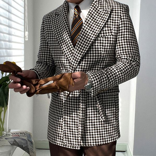 

men's wool blends houndstooth woolen blen dplaid retro blazer hombre casual coat slim long sleeve belt suit blazers chaqueta invierno 2, Black