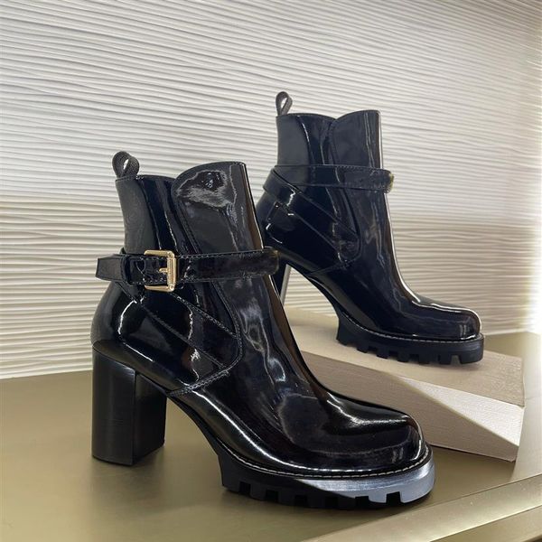 

luxury winter fashion star trail ankle boot black glazed calf leather gold-tone strap embellished booties party wedding high heels274w