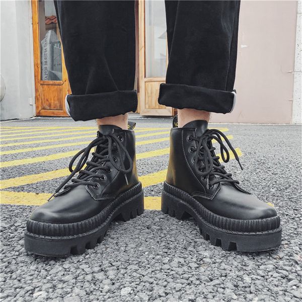 

shoe high platform mens ankle boots black leather chunky work boots for man and woman punk motorcycle boots couples shoes boots women boots