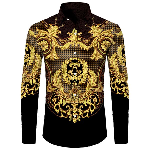 

men's casual shirts baroque court style men golden pattern long sleeve turn-down collar button shirt fashion luxury social mens clothi, White;black